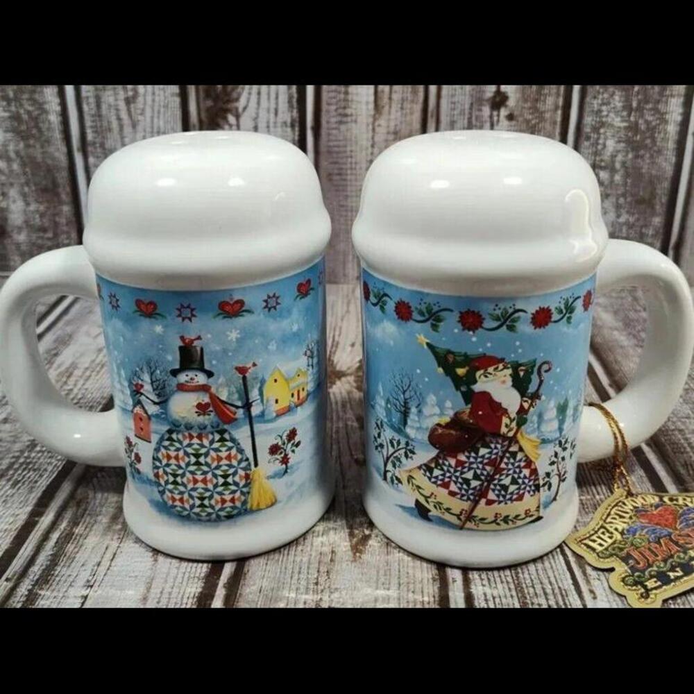 2003 Jim Shore Enesco Christmas Santa Snowman Ceramic Salt & Pepper Shakers